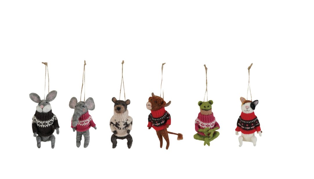 Wool Felt Animal in Sweater Ornament, 6 Styles