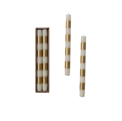 Unscented Taper Candles with Stripes in Box, Cream & Gold Color, Set of 2