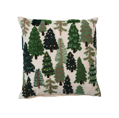 20" Square Cotton Slub Embroidered Pillow w/ Trees & French Knots, Multi Color