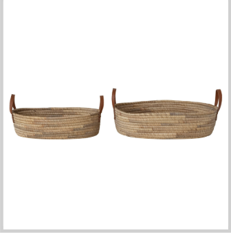 Hand-Woven Seagrass & Water Hyacinth Baskets with Faux Leather Handles, Natural, Large size