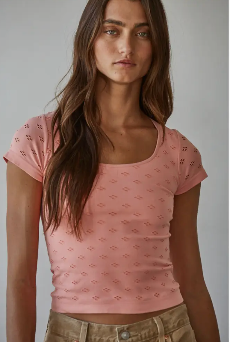 Peaches and cream Seamless Eyelet Round Neck Short Sleeve Top