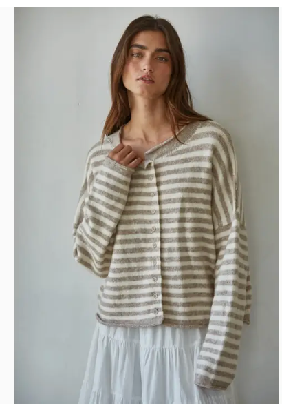Taupe Knit Sweater Striped Buttondown Cardigan Top