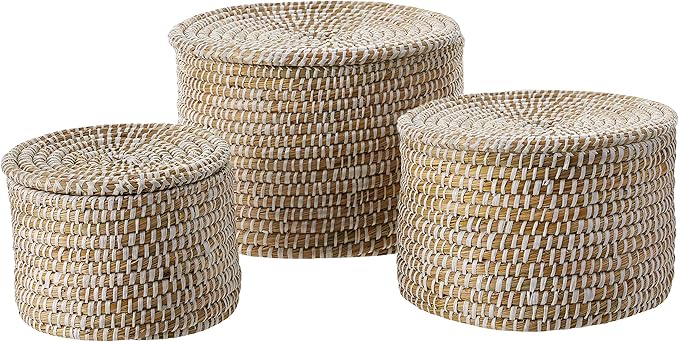 Basket - Whitewashed Woven Seagrass with Lid