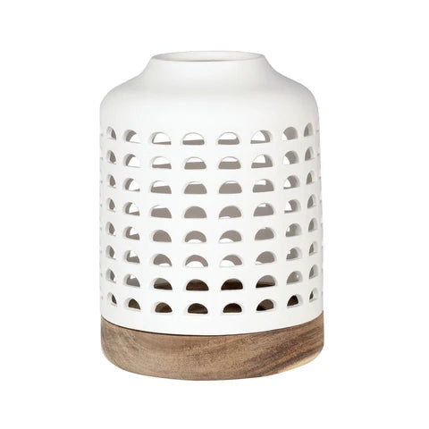 Candle Holder - White Porcelain Cut Outs with Wooden Base