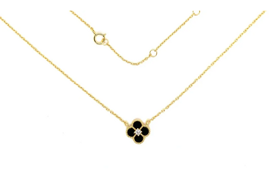 Jewelry - Necklace, Black Enamel Flower with CZ Stones