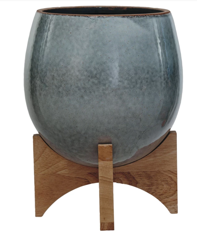 Planter - Ceramic, Gray on Wooden Stand