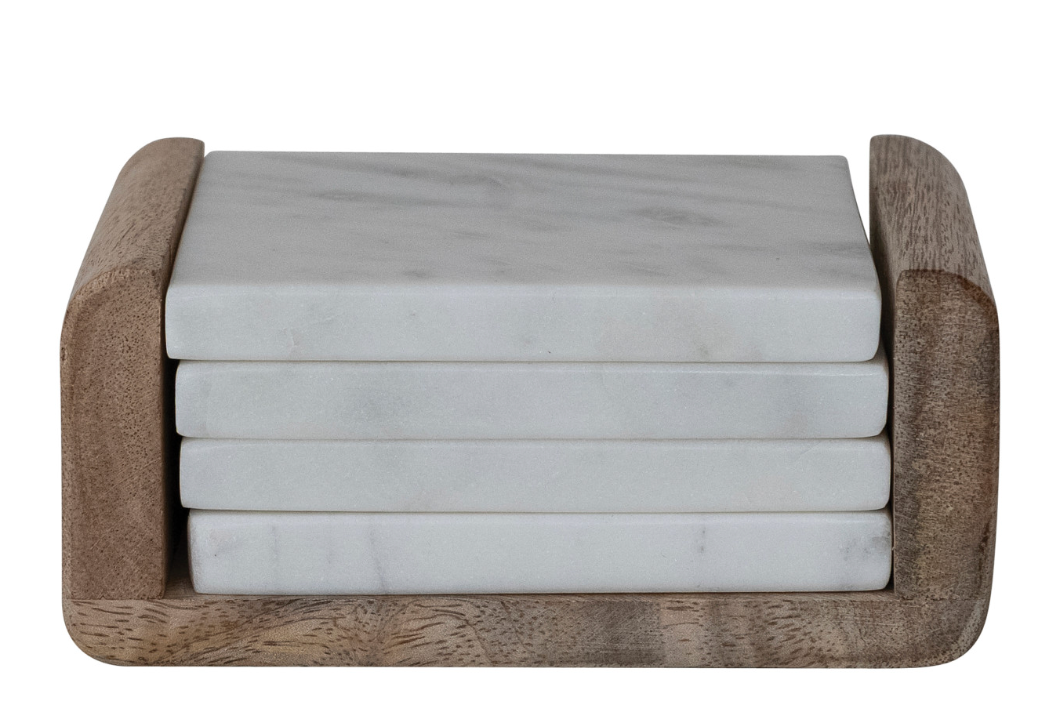 Marble Coasters with Mango Wood Holder, Set of 5