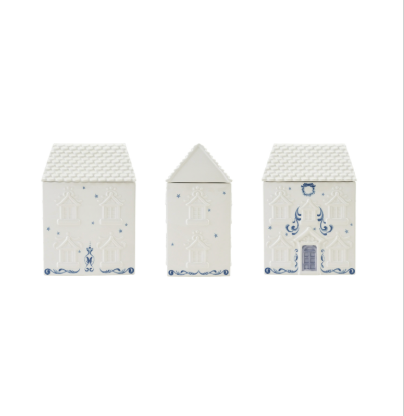 Ceramic House Shaped Cookie Jar with Stars, Wreath & Design, White & Blue