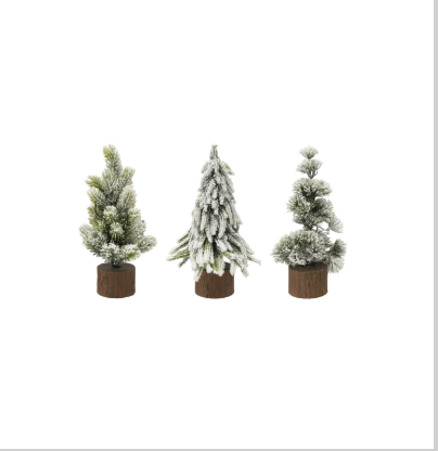 Plastic Tree with Faux Wood Slice Base & LED Light, Snow Finish, 3 Styles