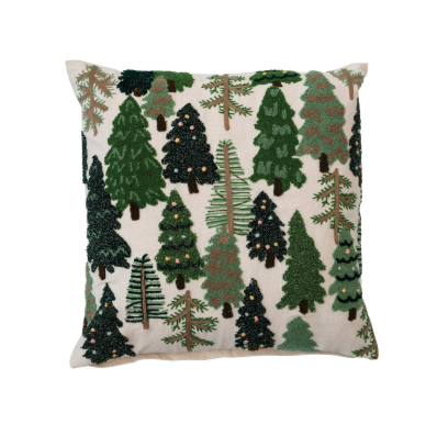 20" Square Cotton Slub Embroidered Pillow w/ Trees & French Knots, Multi Color