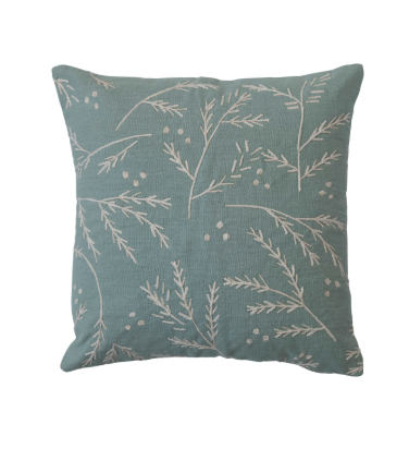 20" Square Cotton Slub Pillow w/ Floral Embroidery, Mint Color & White