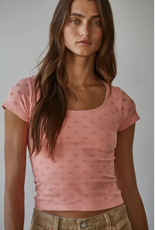 Peaches and cream Seamless Eyelet Round Neck Short Sleeve Top