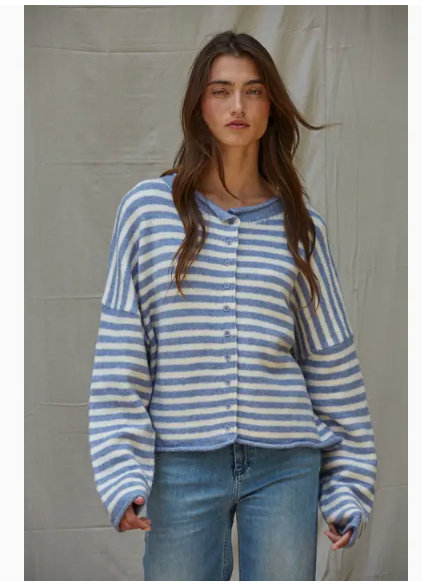 Blue Knit Sweater Striped Buttondown Cardigan Top