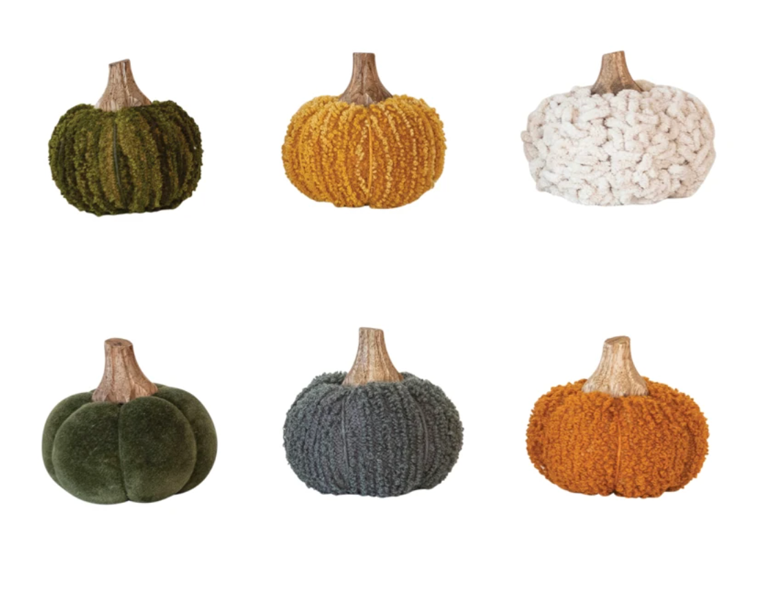 Cotton Blend Bouclé/Velvet Pumpkin w/ Wood Stem, 6 Styles