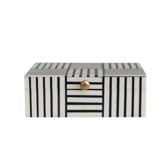 Box - Resin Box w/ Striped Block Pattern & Gold Knob, Black & White