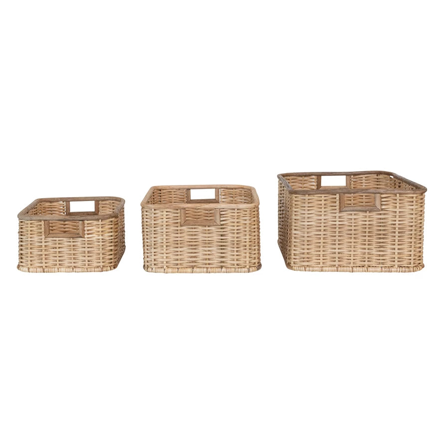 Basket - Handmade Palm & Rattan Baskets w/ Handles, Rectangular