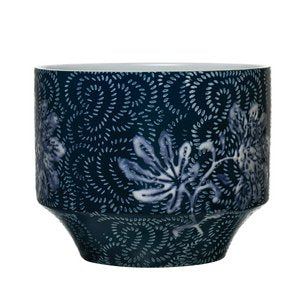 Planter - Blue Stoneware with Floral Pattern