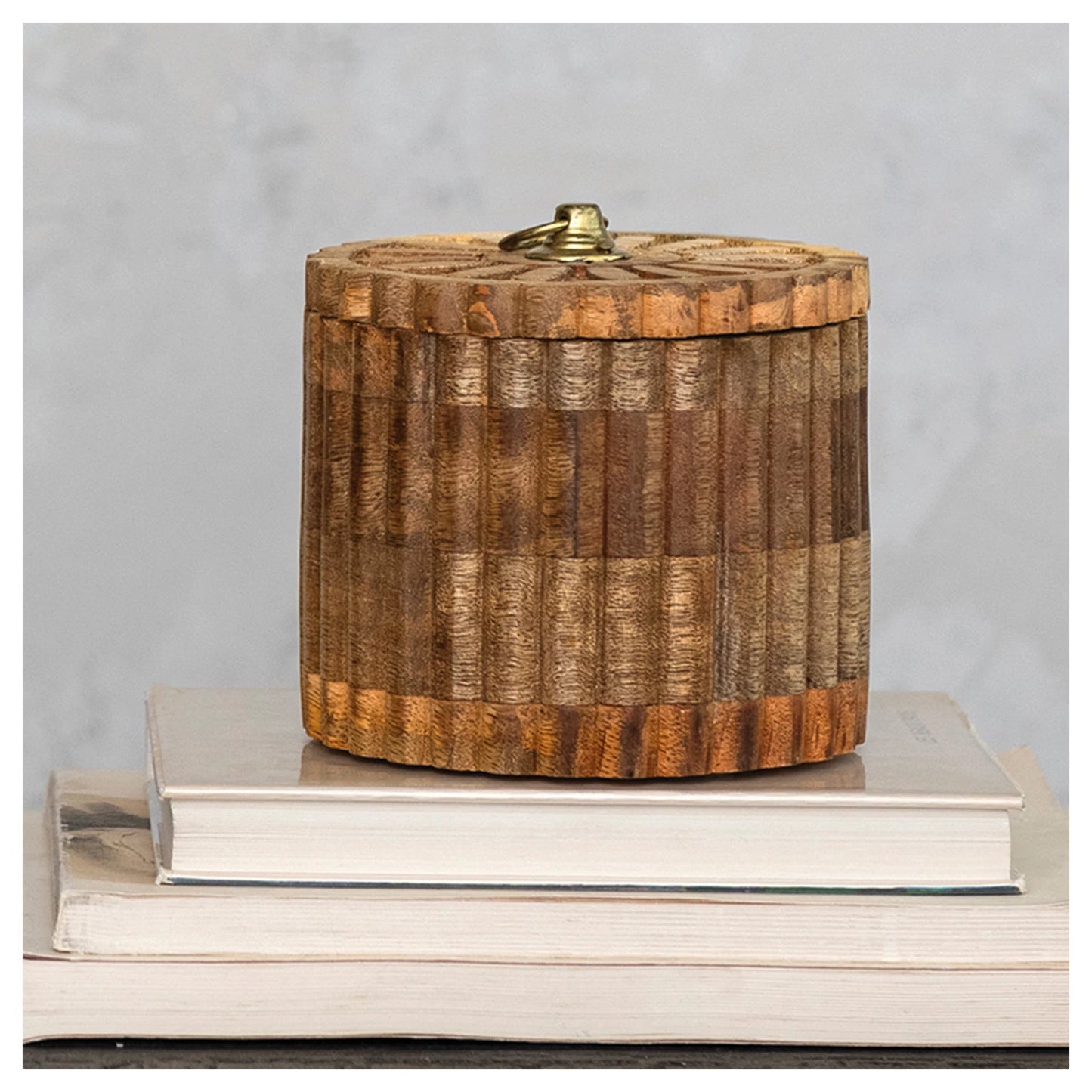 Jar - Carved Mango Wood Pleated with Lid