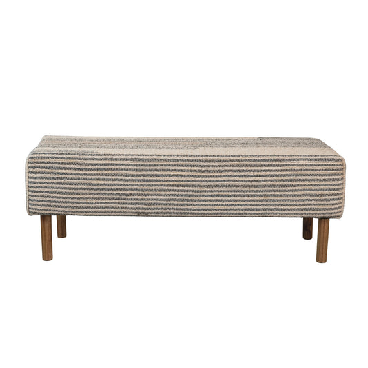 Furniture - Woven Jute & Cotton Dhurrie Upholstered Striped Bench w/ Oak Wood Legs