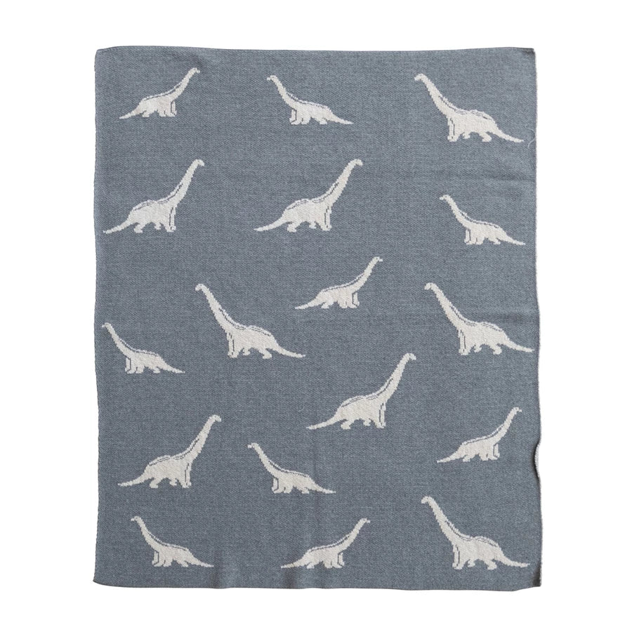 Baby - Cotton Knit Baby Blanket with Dinosaurs, Light Grey & Natural