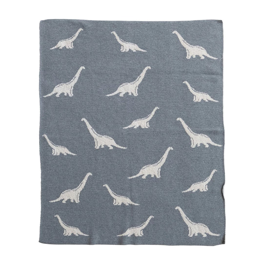 Baby - Cotton Knit Baby Blanket with Dinosaurs, Light Grey & Natural