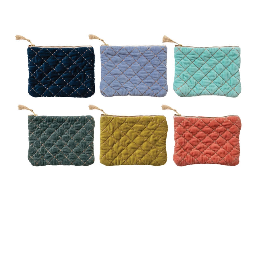 Accessory - Quilted Cotton Velvet Zip Pouch w/ Metallic Thread Embroidery & Tassel