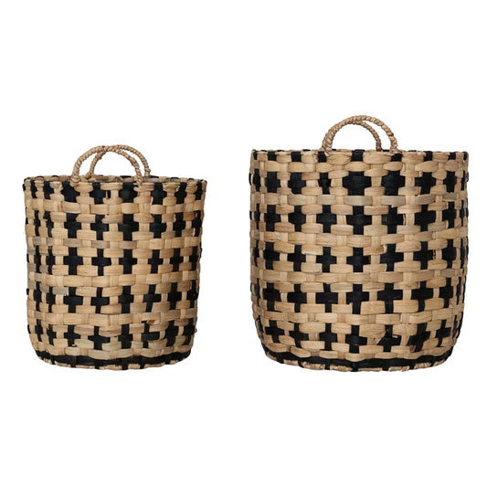 Basket - Woven Water Hyacinth Baskets w/ Handles, Natural & Black