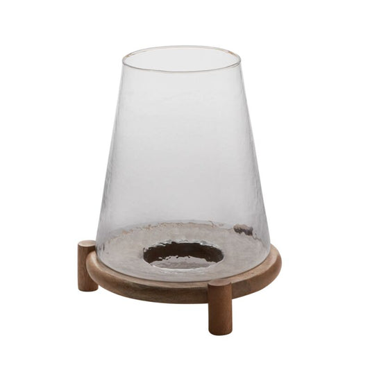 Candle Holder - Bubble Glass with Wooden Footed Base